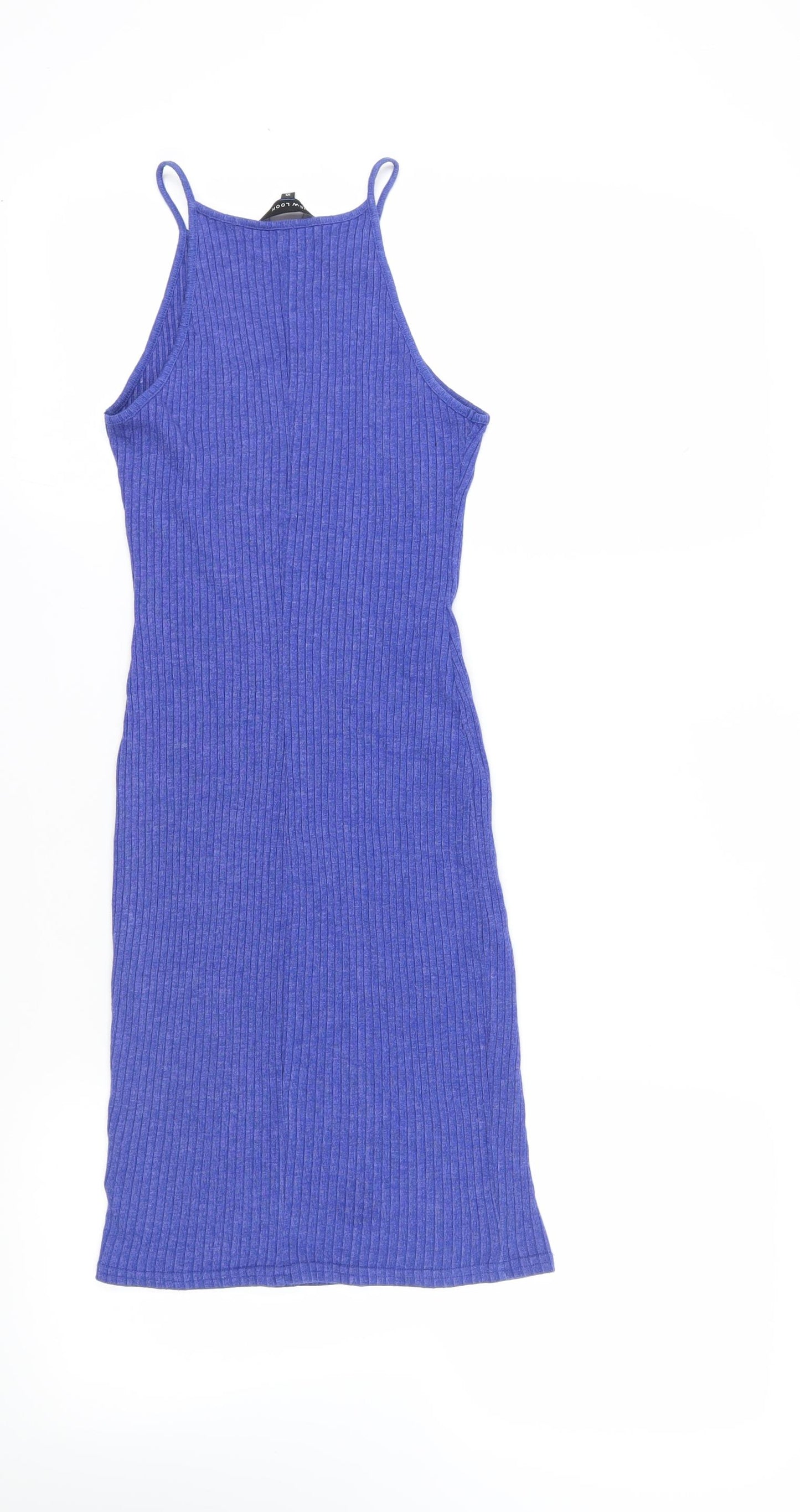 New Look Womens Blue Cotton Tank Dress Size 10 Square Neck Pullover - Ribbed