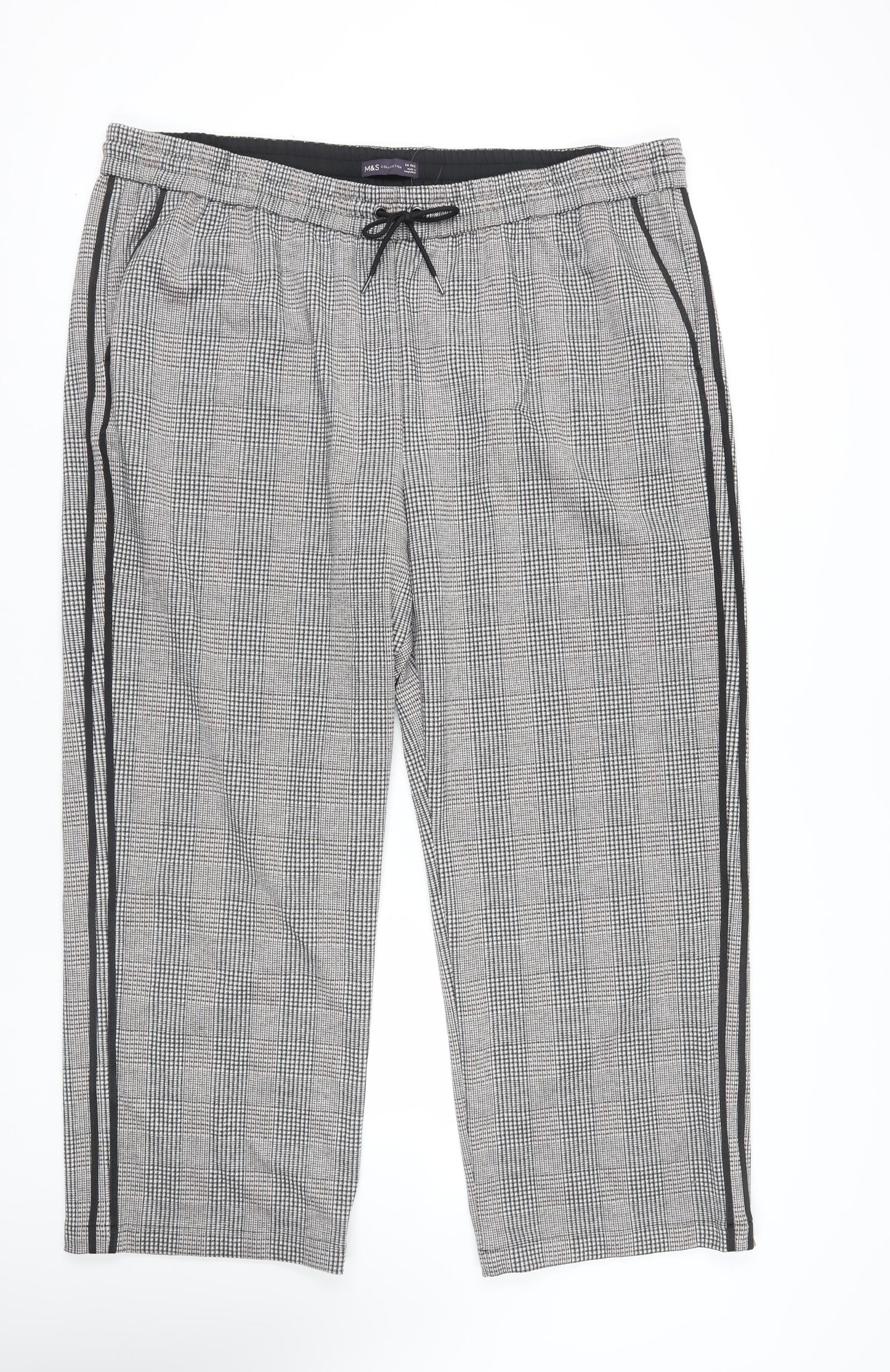 Marks and Spencer Womens Grey Plaid Polyester Trousers Size 24 L23 in Regular Drawstring - Adjustable Waist