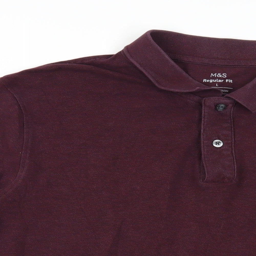 Marks and Spencer Mens Purple Cotton Polo Size L Collared Button