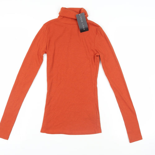 New Look Womens Orange Polyester Basic T-Shirt Size 6 Roll Neck - Ribbed