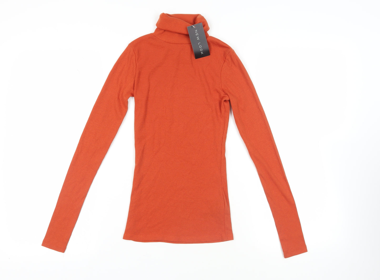 New Look Womens Orange Polyester Basic T-Shirt Size 6 Roll Neck - Ribbed