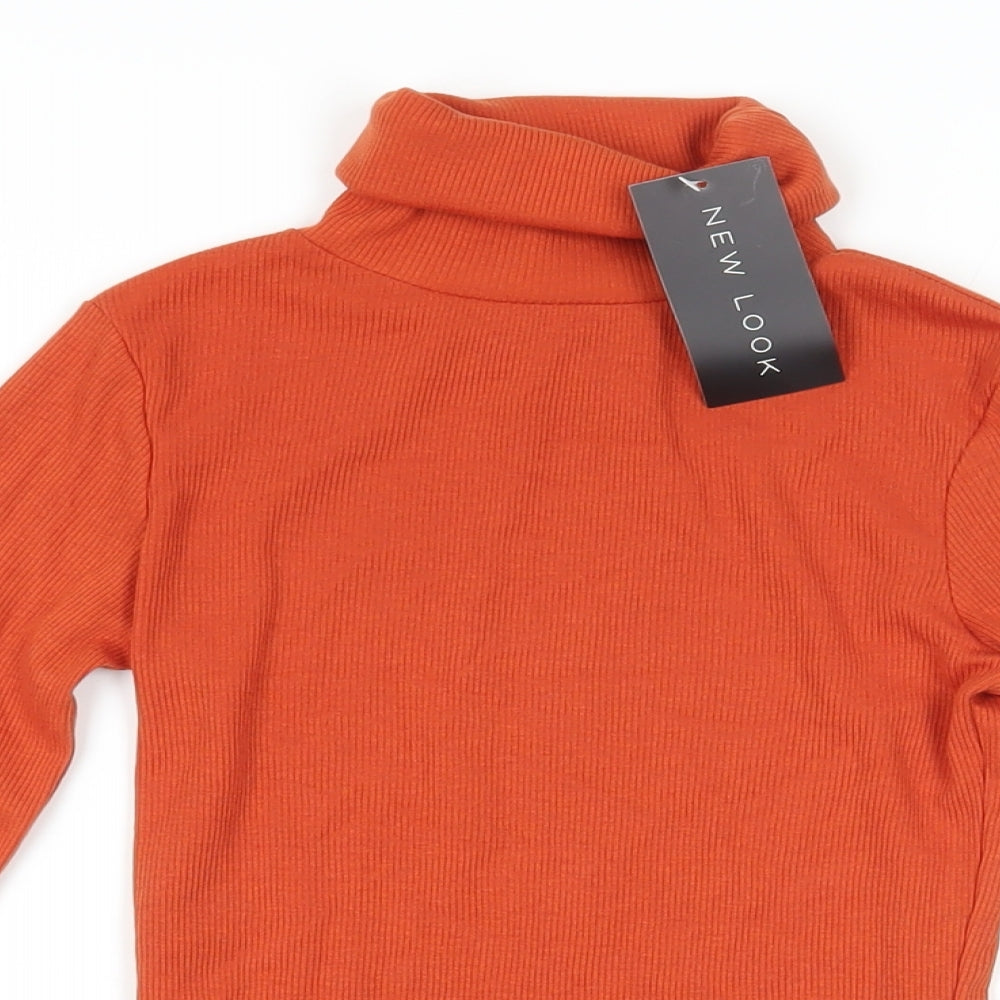 New Look Womens Orange Polyester Basic T-Shirt Size 6 Roll Neck - Ribbed