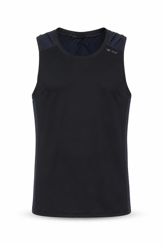 Front view of Domyos men’s black polyester basic tank, size M, crew neck pullover - gym workout running