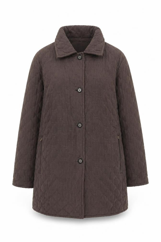Front view of Damart women’s brown quilted coat, size UK 16, zip - zipped pockets