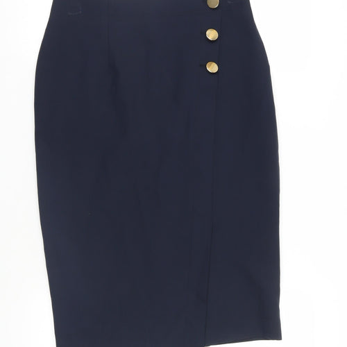 Marks and Spencer Womens Blue Polyester Straight & Pencil Skirt Size 12 Zip - Button Detail