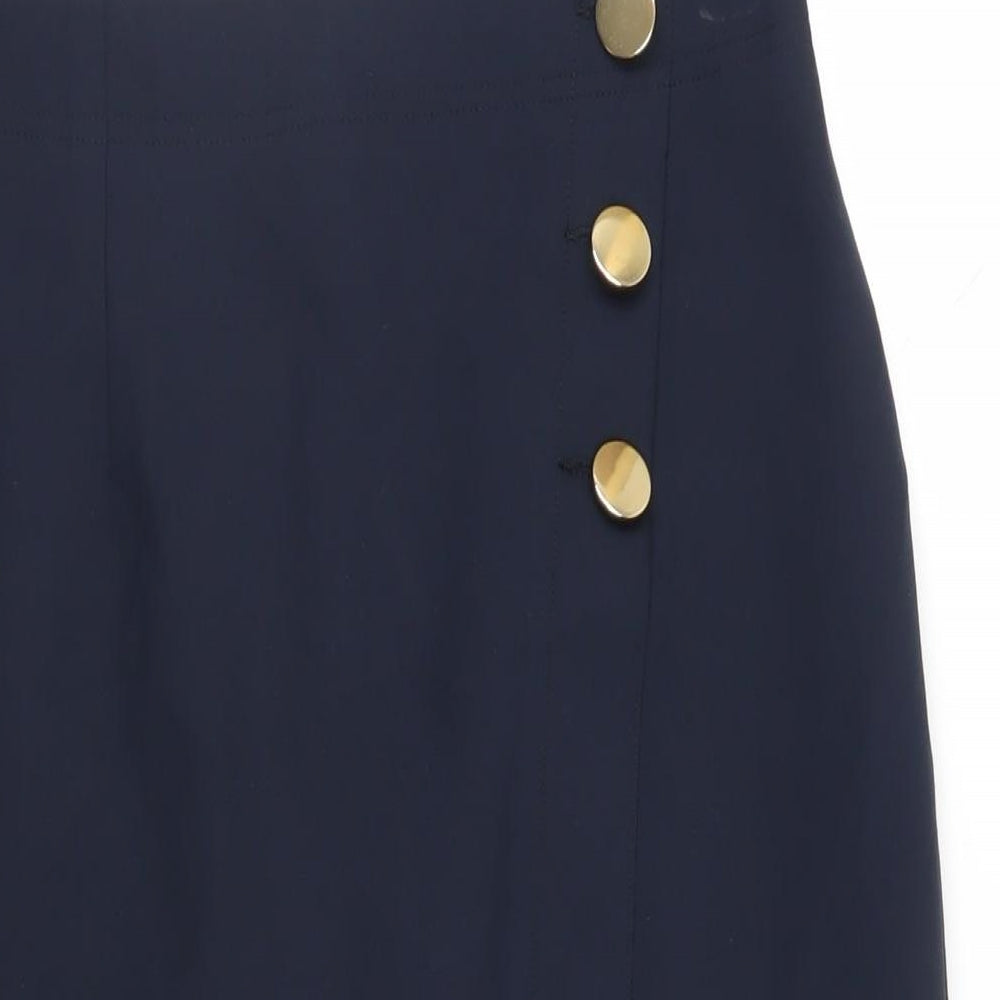 Marks and Spencer Womens Blue Polyester Straight & Pencil Skirt Size 12 Zip - Button Detail