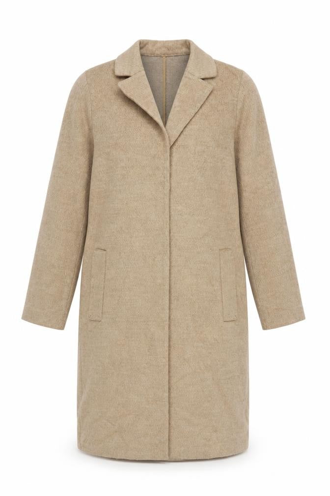 Front view of H&M women’s beige overcoat coat, size UK 6, snap