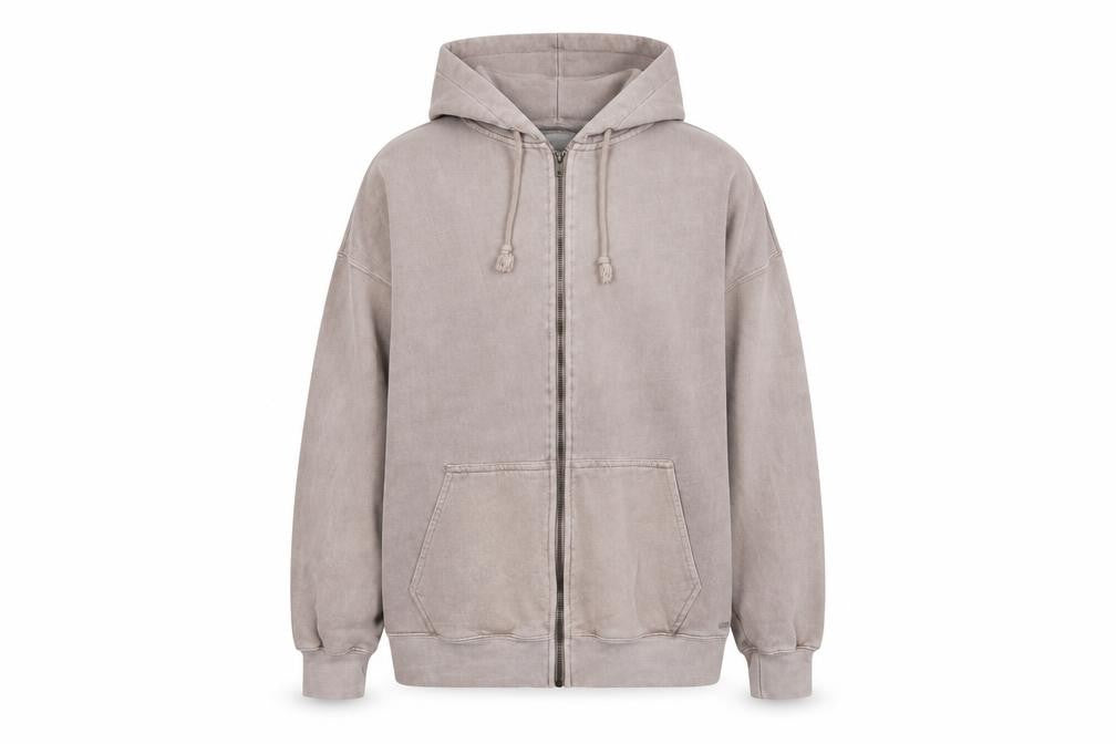 Front view of Pull&Bear men’s grey cotton full zip hoodie, size S, - pockets