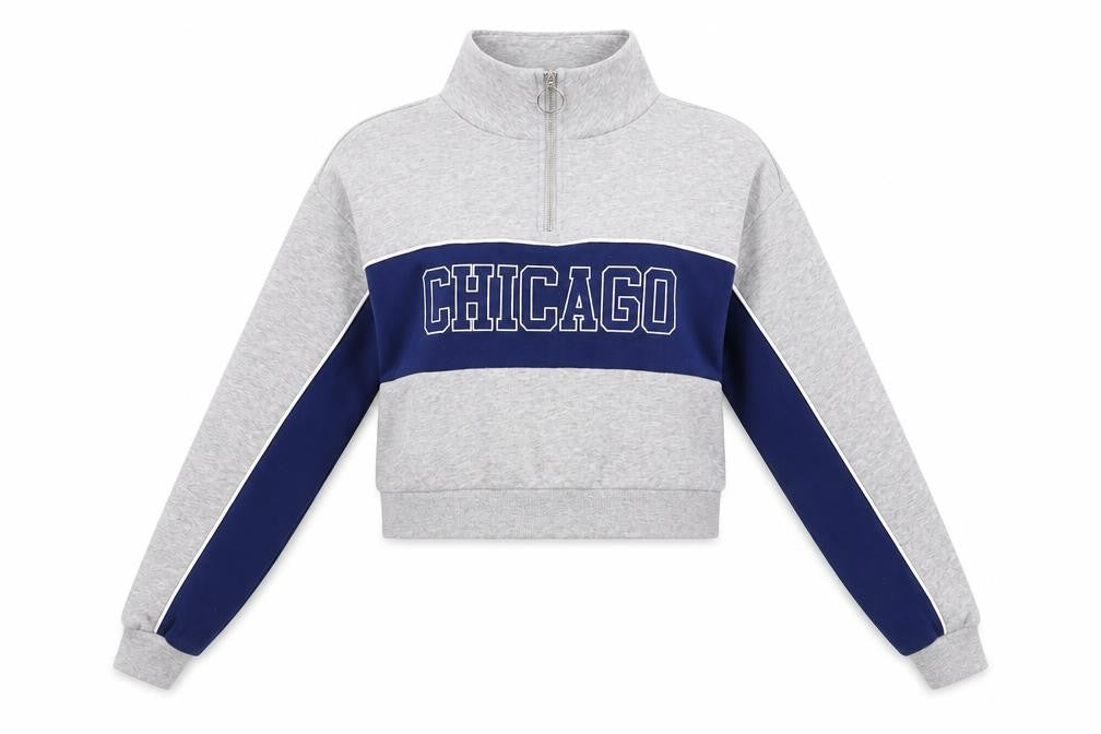 Front view of Divided by H&M women’s grey colourblock cotton pullover sweatshirt, size S, zip - chicago
