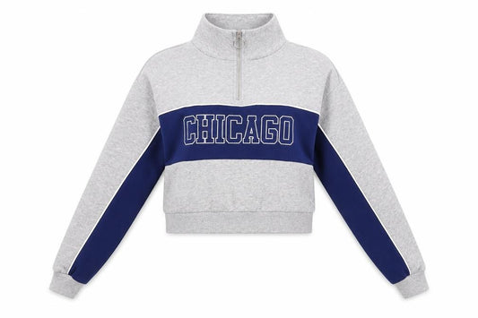 Front view of Divided by H&M women’s grey colourblock cotton pullover sweatshirt, size S, zip - chicago