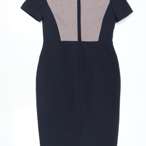 Marks and Spencer Womens Blue Geometric Polyester Pencil Dress Size 12 Round Neck Zip