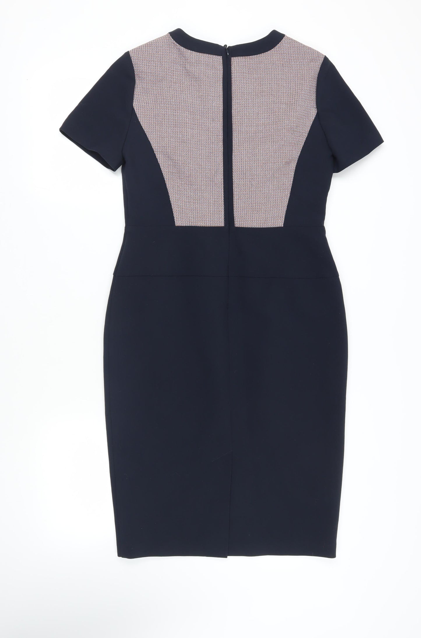 Marks and Spencer Womens Blue Geometric Polyester Pencil Dress Size 12 Round Neck Zip