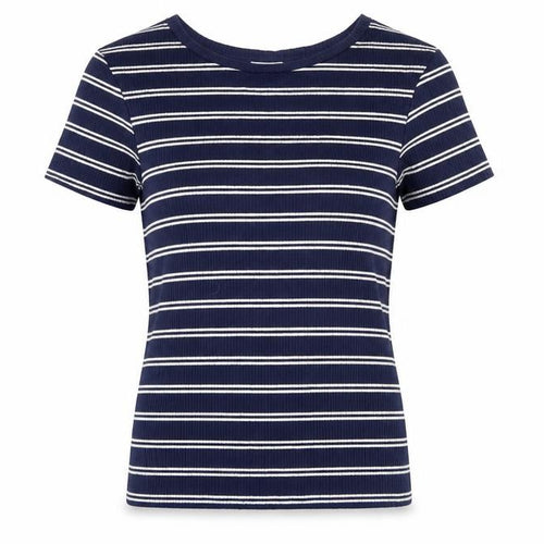 Pimkie Womens Blue Striped Cotton Basic T-Shirt Size S Crew Neck - Ribbed