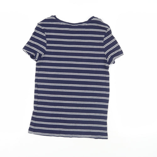 Pimkie Womens Blue Striped Cotton Basic T-Shirt Size S Crew Neck - Ribbed