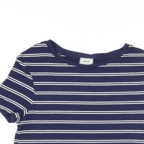 Pimkie Womens Blue Striped Cotton Basic T-Shirt Size S Crew Neck - Ribbed