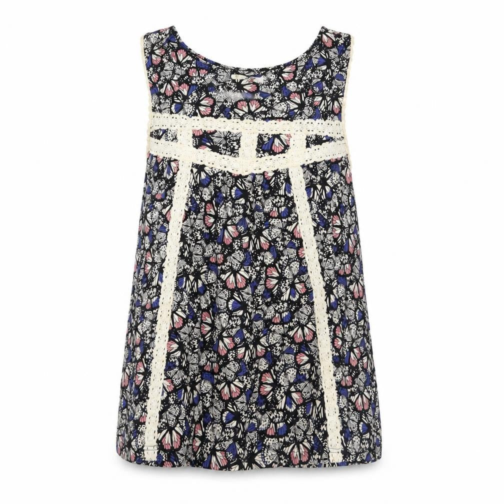 Front view of BHS women’s multicoloured geometric cotton basic tank, size UK 8, square neck - crocheted lace detail