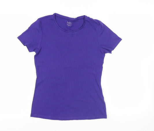 Marks and Spencer Womens Purple Cotton Basic T-Shirt Size 12 Crew Neck