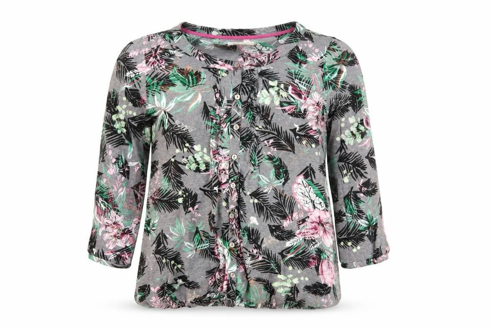 Front view of Per Una women’s grey floral polyester basic button-up, size UK 12, round neck
