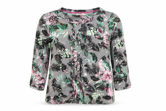 Front view of Per Una women’s grey floral polyester basic button-up, size UK 12, round neck