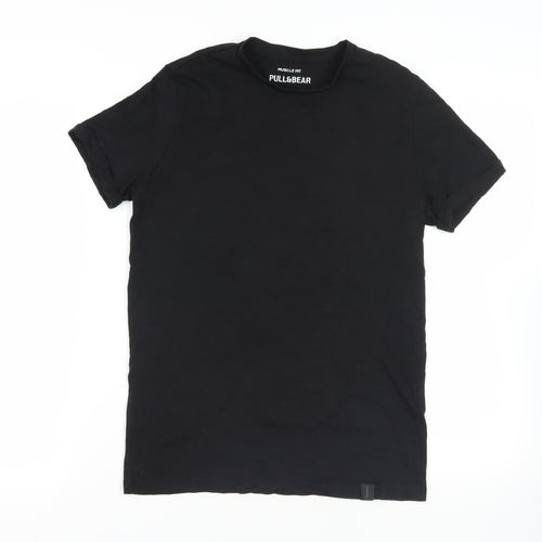 Pull&Bear Mens Black Cotton T-Shirt Size M Crew Neck