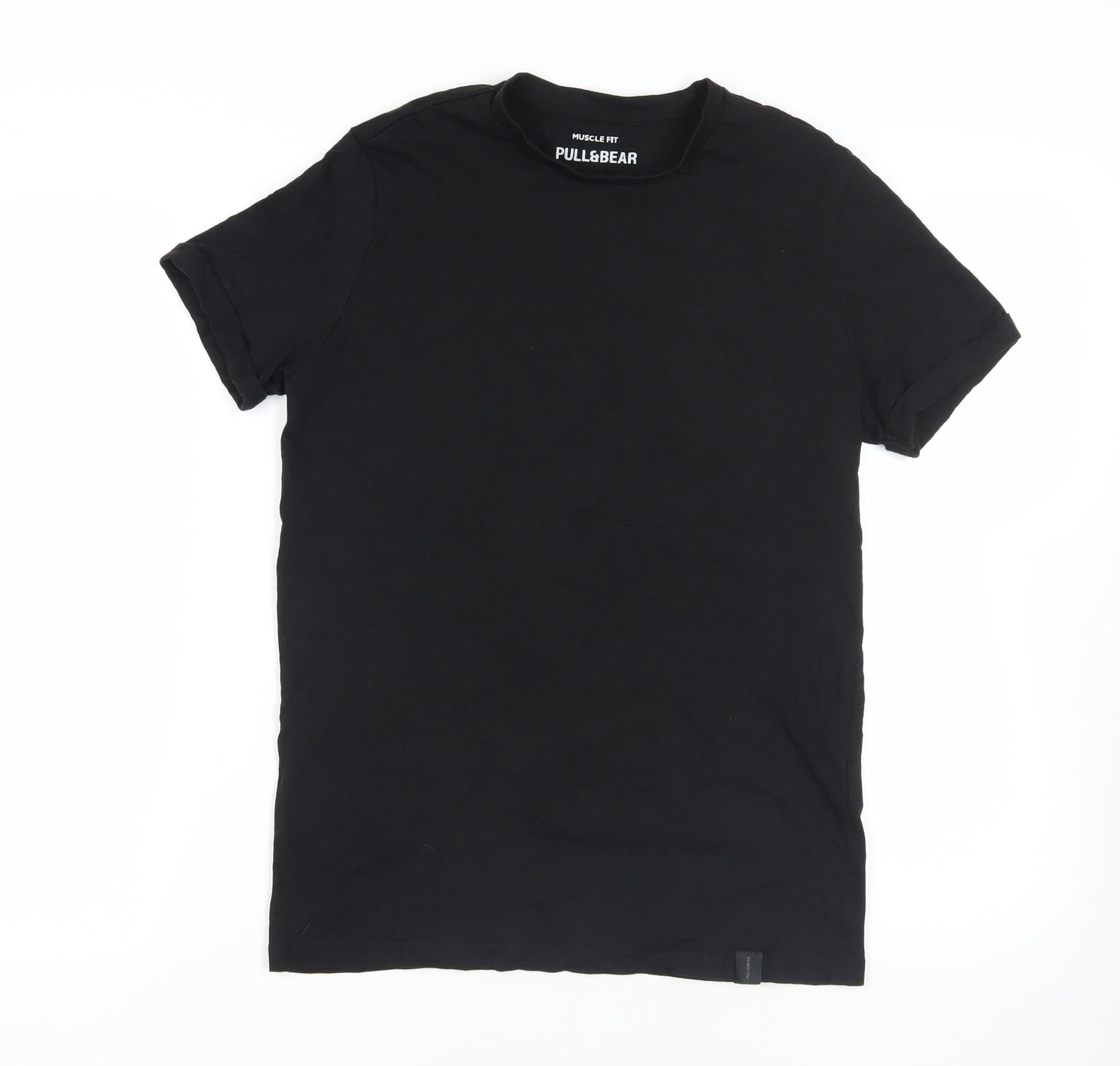 Pull&Bear Mens Black Cotton T-Shirt Size M Crew Neck