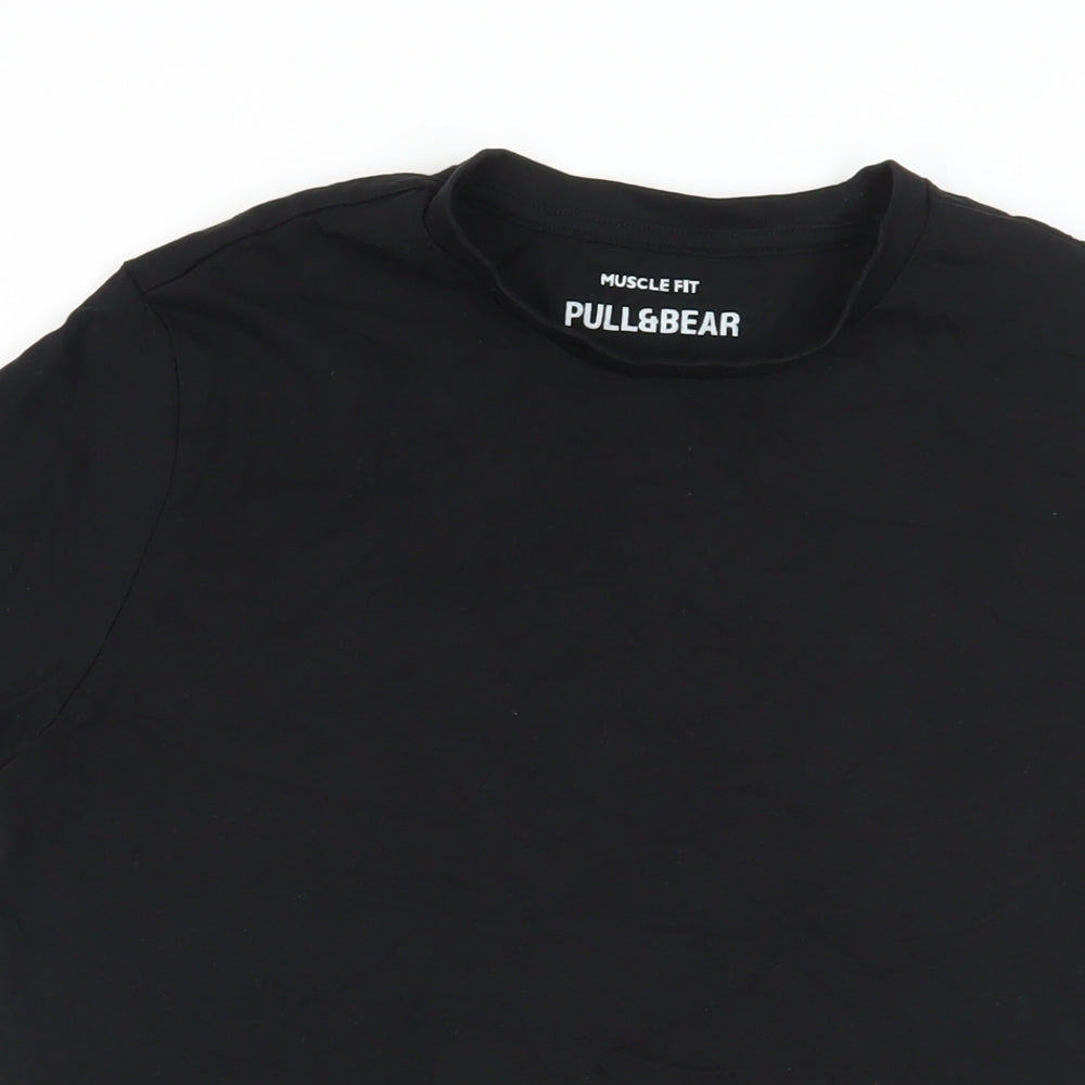 Pull&Bear Mens Black Cotton T-Shirt Size M Crew Neck