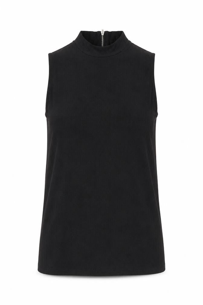 Front view of ASOS women’s black viscose basic blouse, size UK 10, mock neck - ribbed