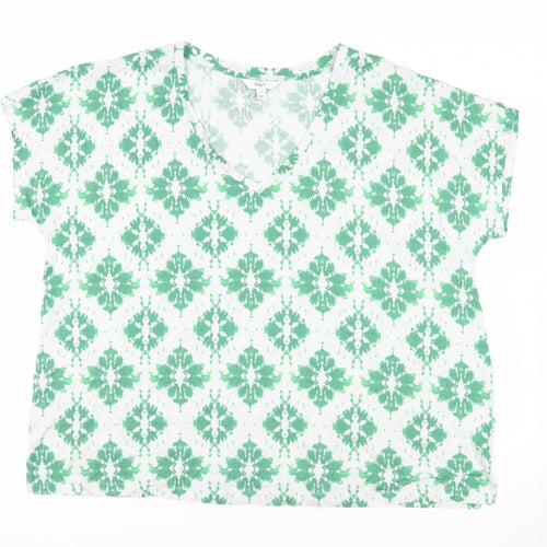 Marks and Spencer Womens Green Geometric Cotton Basic T-Shirt Size 22 V-Neck - Mosaic Pattern