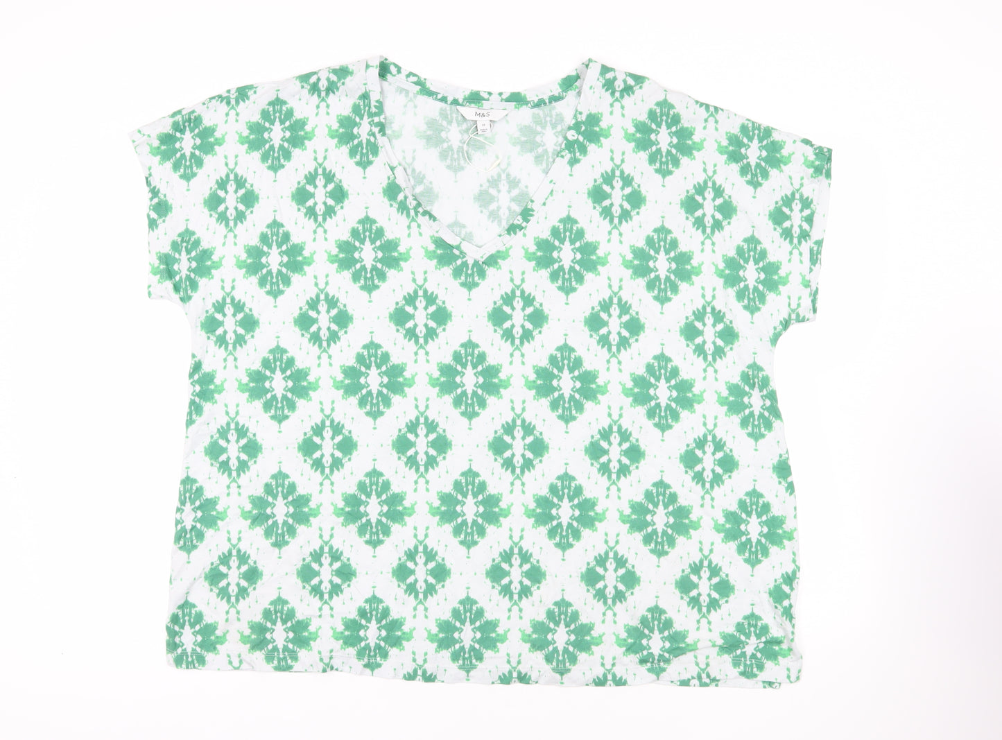 Marks and Spencer Womens Green Geometric Cotton Basic T-Shirt Size 22 V-Neck - Mosaic Pattern