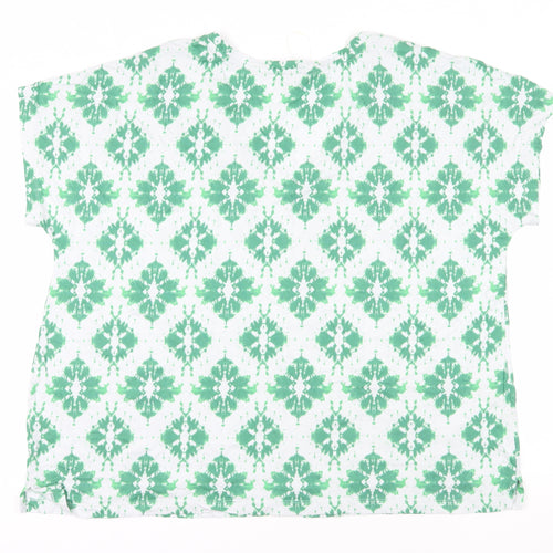 Marks and Spencer Womens Green Geometric Cotton Basic T-Shirt Size 22 V-Neck - Mosaic Pattern