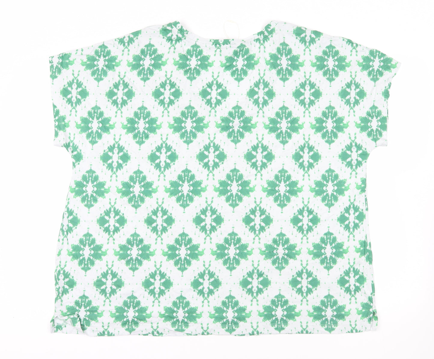 Marks and Spencer Womens Green Geometric Cotton Basic T-Shirt Size 22 V-Neck - Mosaic Pattern