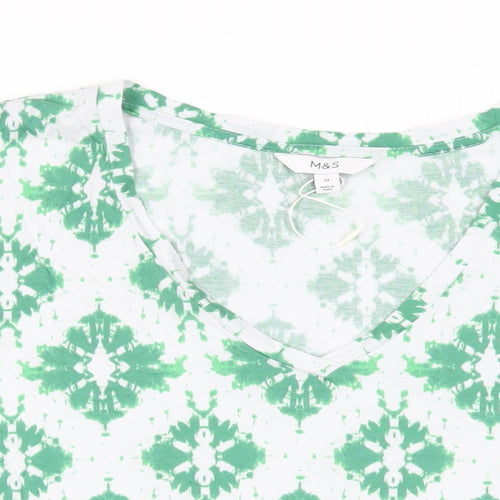 Marks and Spencer Womens Green Geometric Cotton Basic T-Shirt Size 22 V-Neck - Mosaic Pattern