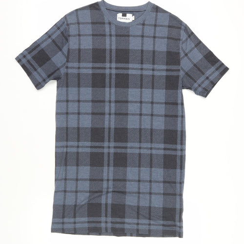 Topman Mens Blue Plaid Cotton T-Shirt Size XS Crew Neck