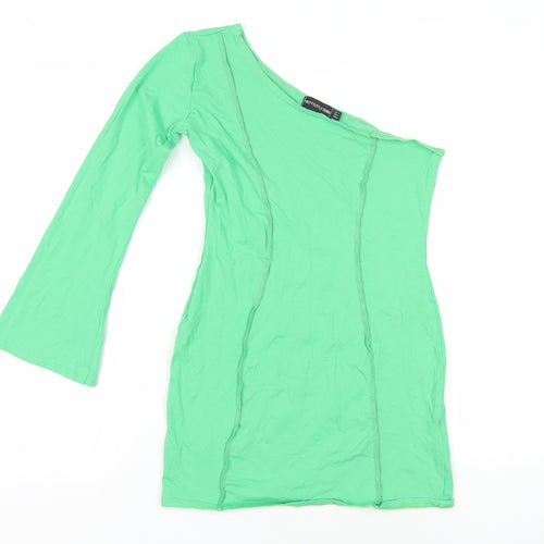 PRETTYLITTLETHING Womens Green Cotton Mini Size 8 Off the Shoulder Pullover - Contrasting Stitching