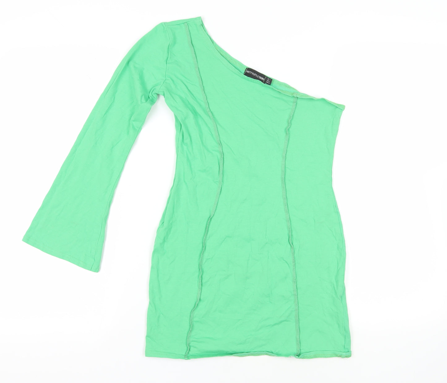 PRETTYLITTLETHING Womens Green Cotton Mini Size 8 Off the Shoulder Pullover - Contrasting Stitching