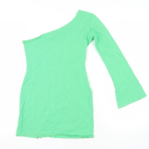 PRETTYLITTLETHING Womens Green Cotton Mini Size 8 Off the Shoulder Pullover - Contrasting Stitching