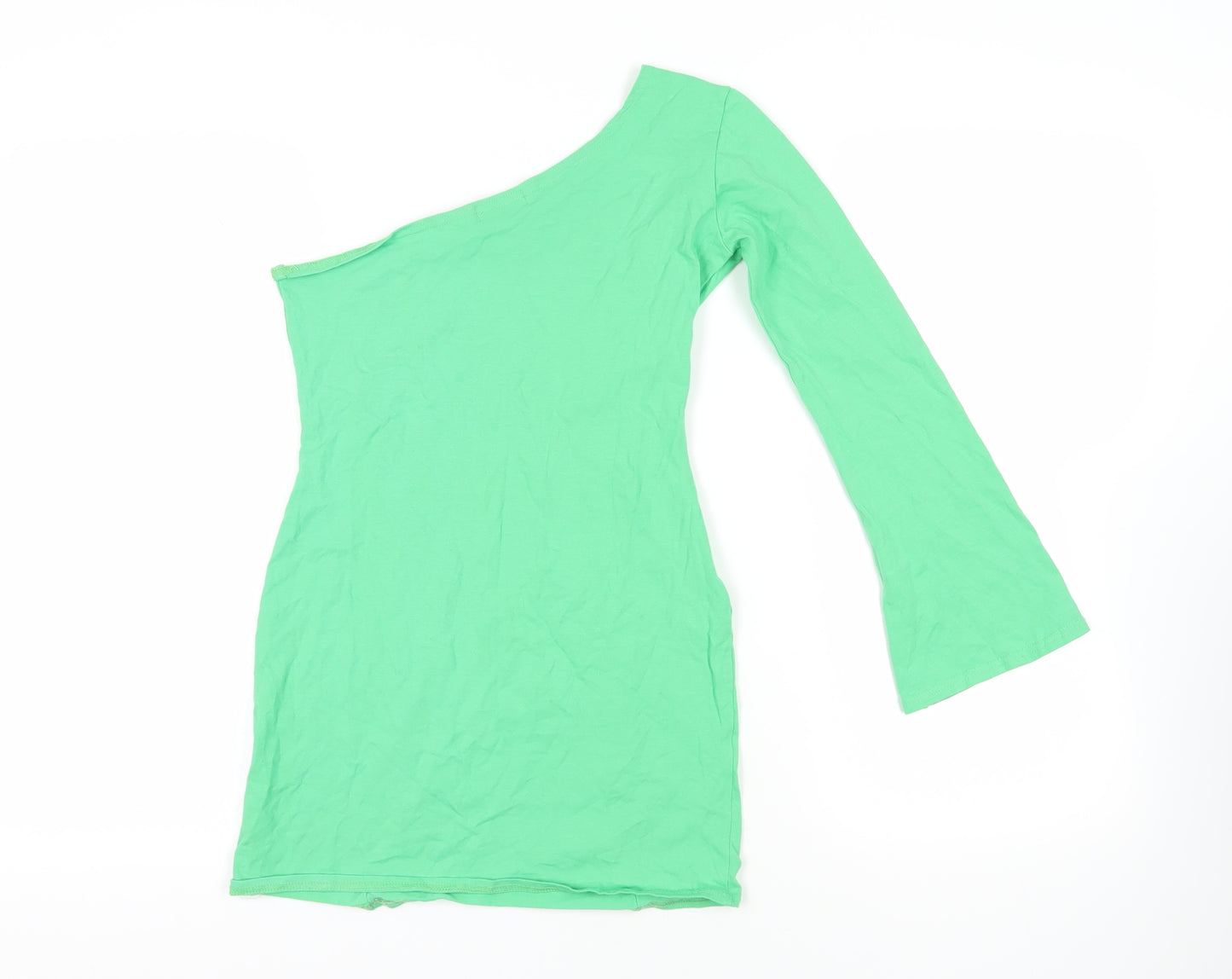 PRETTYLITTLETHING Womens Green Cotton Mini Size 8 Off the Shoulder Pullover - Contrasting Stitching