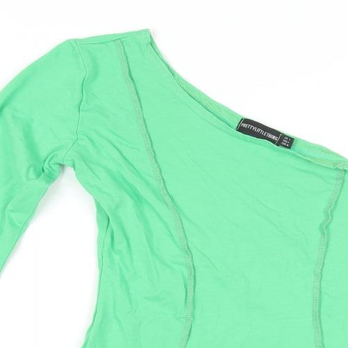 PRETTYLITTLETHING Womens Green Cotton Mini Size 8 Off the Shoulder Pullover - Contrasting Stitching