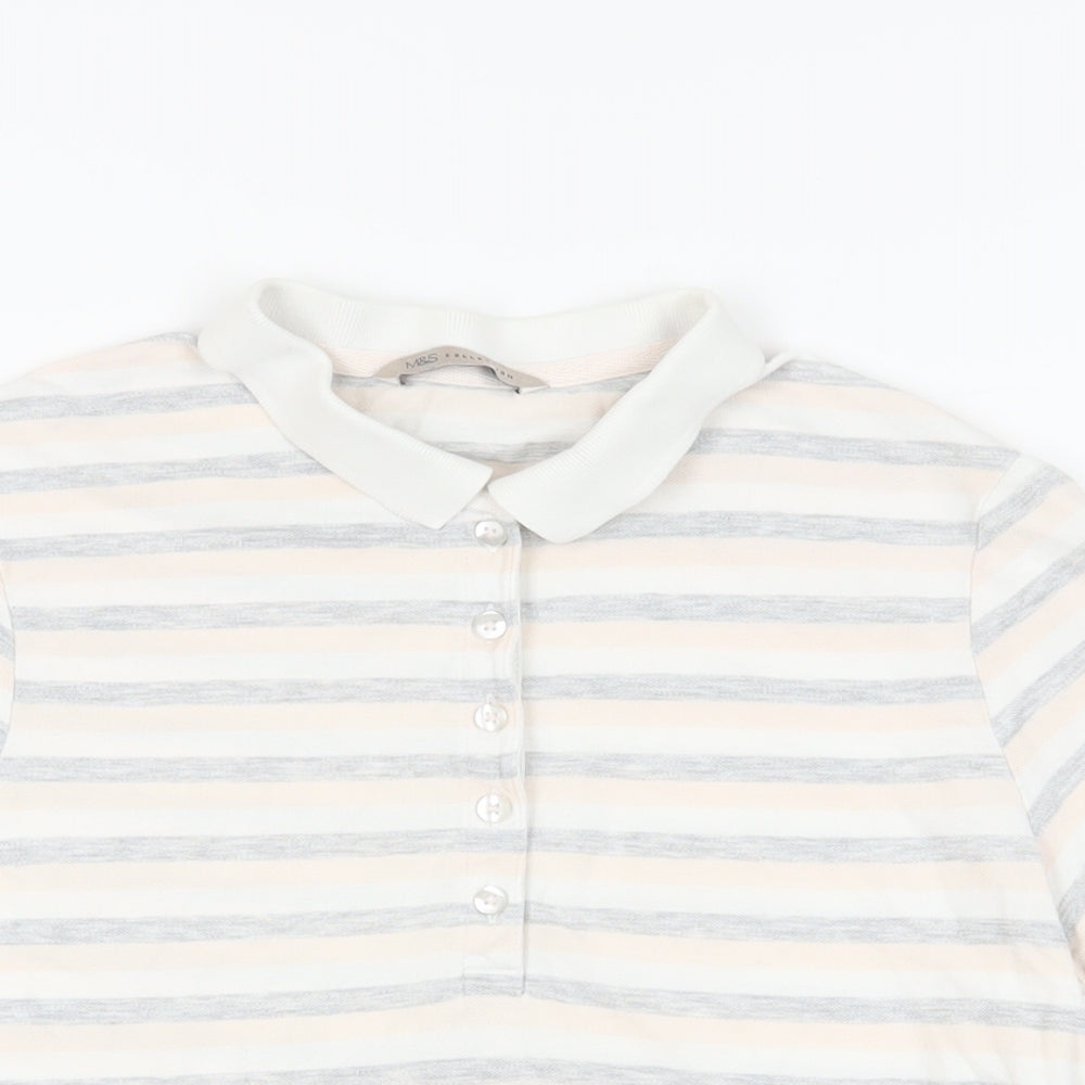 Marks and Spencer Womens Grey Striped Cotton Basic Polo Size 12 Collared