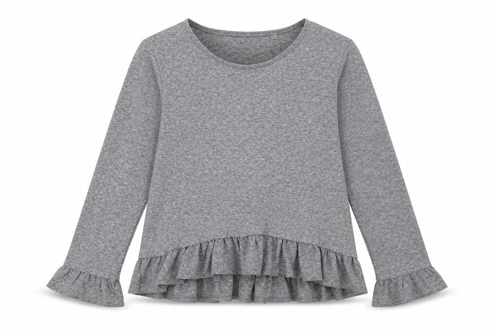Front view of Next girls’ grey polyester pullover t-shirt, size 10, years crew neck pullover - ruffle detail