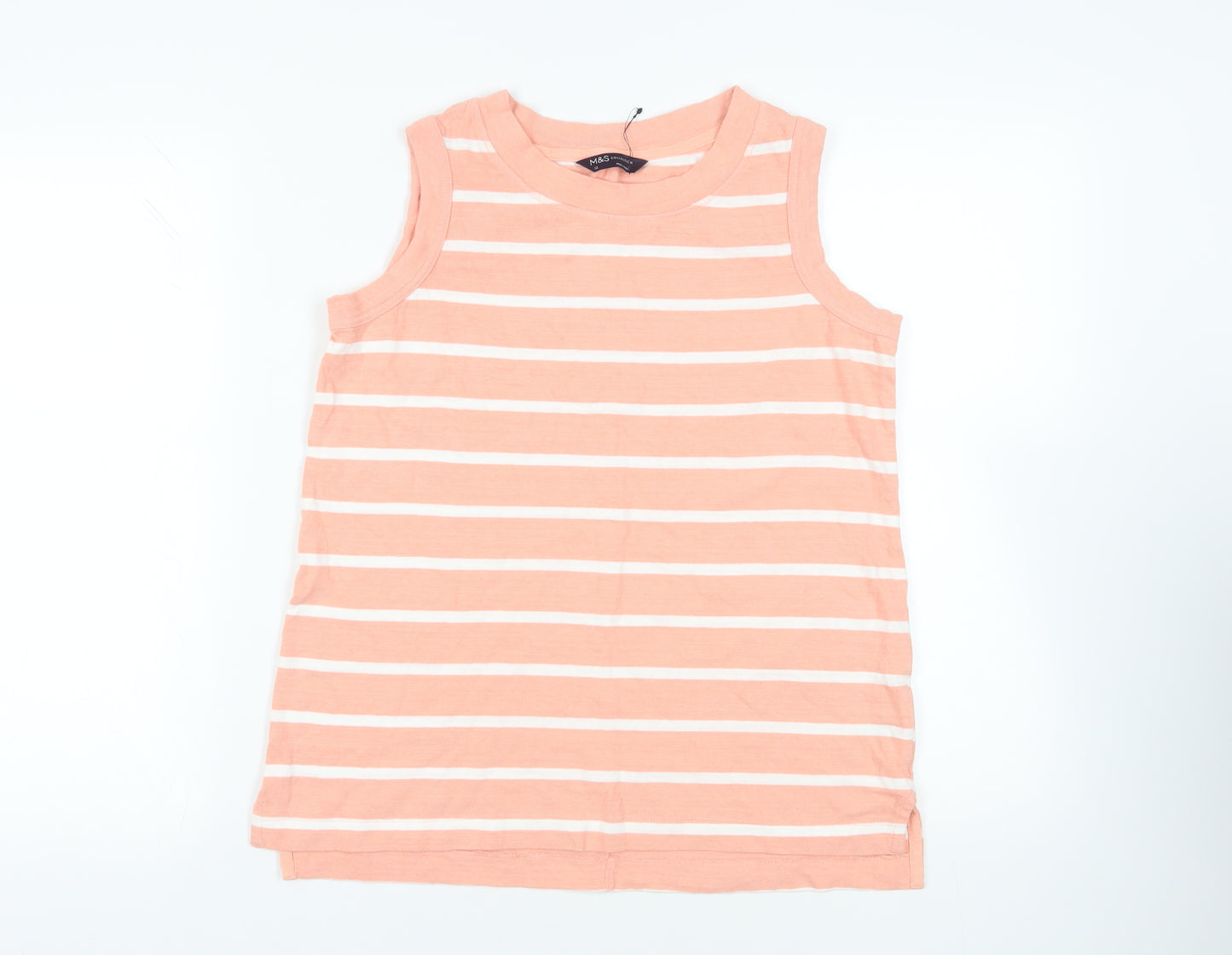 Marks and Spencer Womens Pink Striped Cotton Basic Tank Size 12 Round Neck