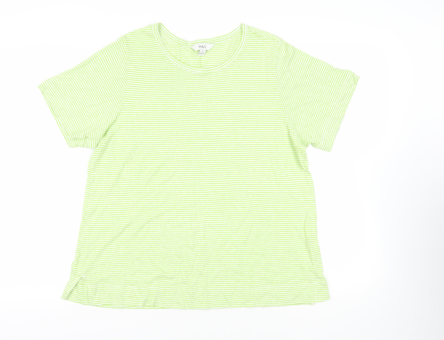 Marks and Spencer Womens Green Striped Cotton Basic T-Shirt Size 16 Crew Neck