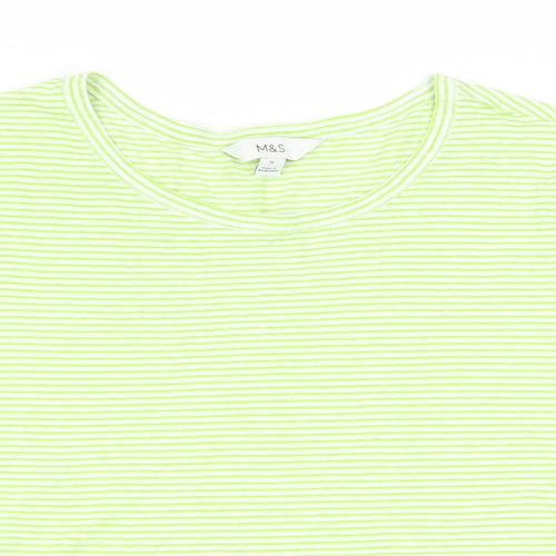 Marks and Spencer Womens Green Striped Cotton Basic T-Shirt Size 16 Crew Neck