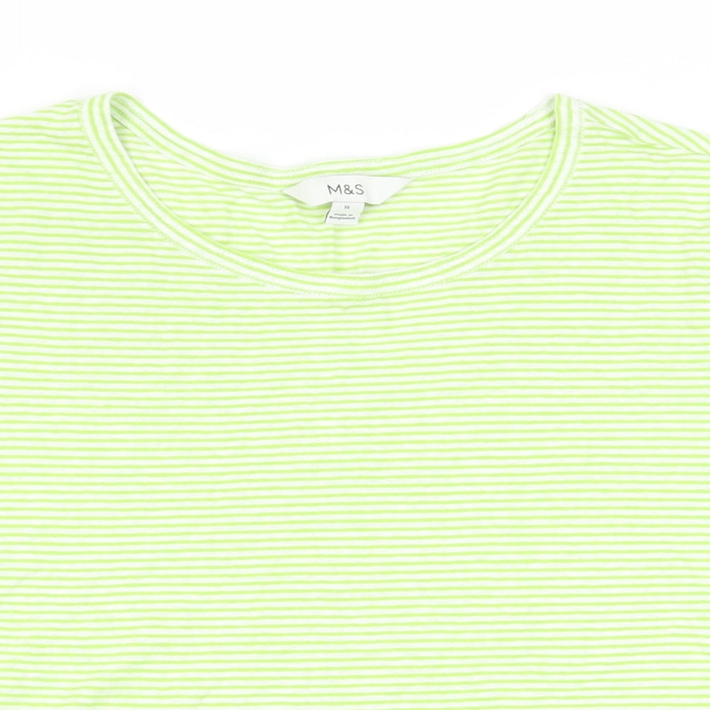 Marks and Spencer Womens Green Striped Cotton Basic T-Shirt Size 16 Crew Neck