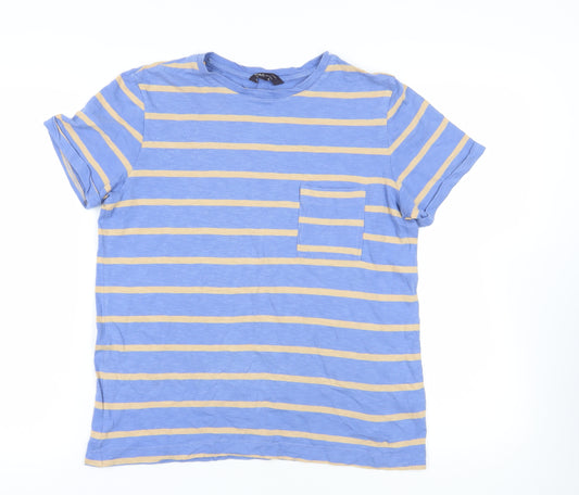 Marks and Spencer Womens Blue Striped Cotton Basic T-Shirt Size 10 Crew Neck - Pocket Detail