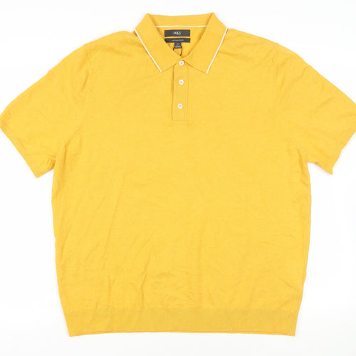 Marks and Spencer Mens Yellow Cotton Polo Size 2XL Collared Button