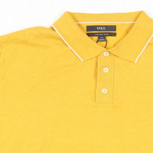 Marks and Spencer Mens Yellow Cotton Polo Size 2XL Collared Button