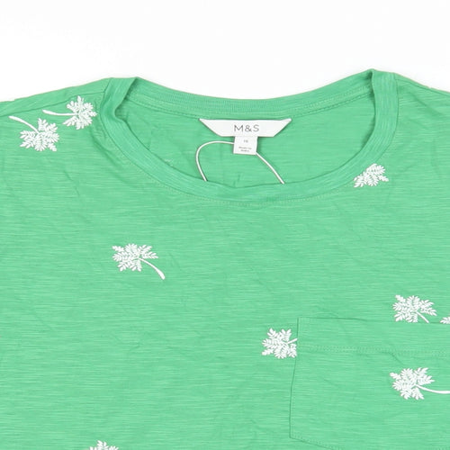 Marks and Spencer Womens Green Geometric Cotton Basic T-Shirt Size 16 Crew Neck - Palm Tree Print