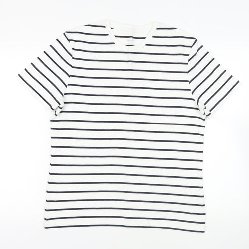 Marks and Spencer Mens White Striped Cotton T-Shirt Size M Crew Neck