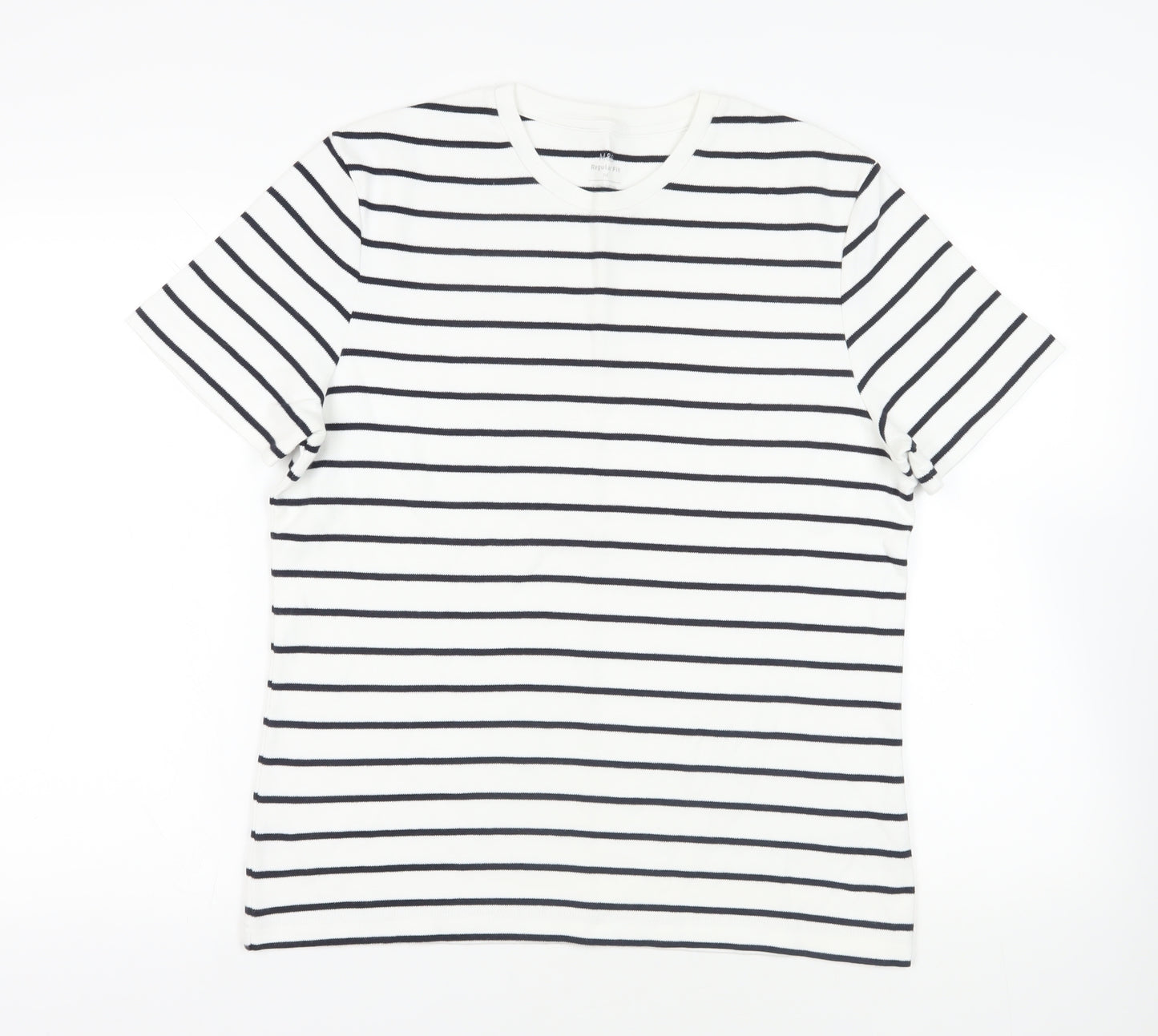 Marks and Spencer Mens White Striped Cotton T-Shirt Size M Crew Neck